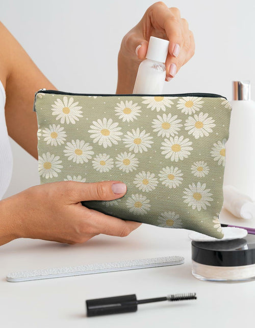 Load image into Gallery viewer, Likjad Sage Green Linen Cosmetic Bag Daisy Decor
