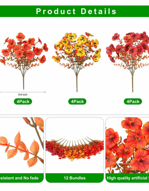 Load image into Gallery viewer, INQCMY Artificial Fall Flowers Faux Pansies Mums 12 Bundle 14" Red Orange Yellow
