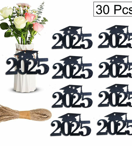 SDKI 30Pcs 2025 Black Glitter Graduation Cutouts Tags Party Decoration