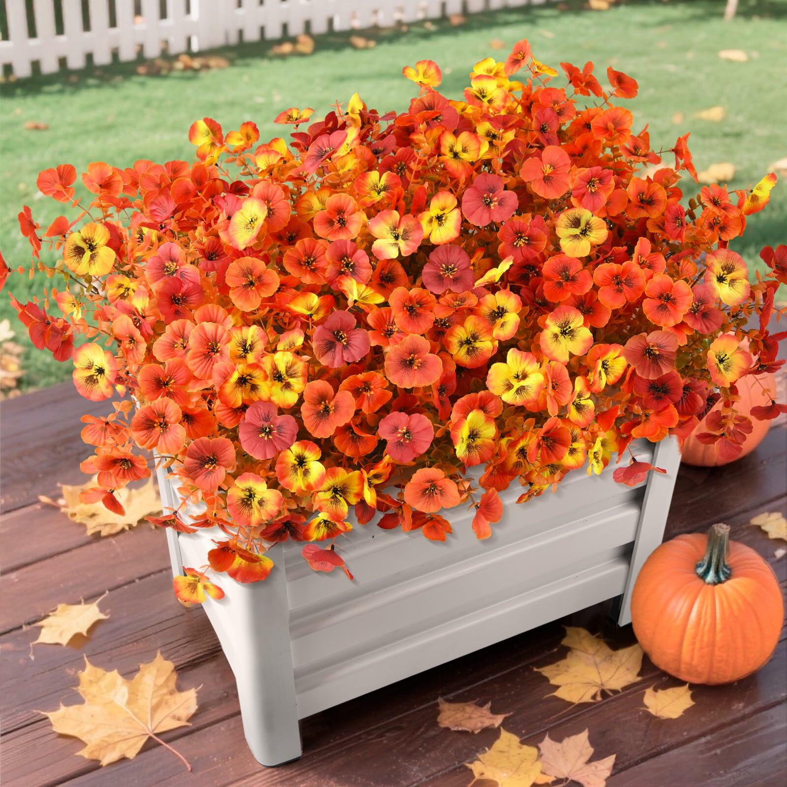 INQCMY Artificial Fall Flowers Faux Pansies Mums 12 Bundle 14" Red Orange Yellow