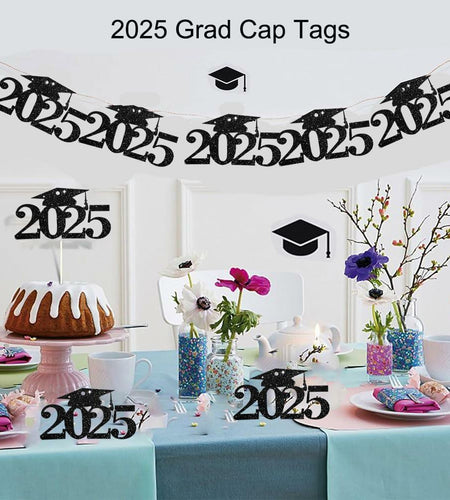 SDKI 30Pcs 2025 Black Glitter Graduation Cutouts Tags Party Decoration