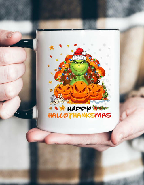 Load image into Gallery viewer, AdamLongStore Happy Hallothanksmas Fall Accent Mug 11oz White/Black
