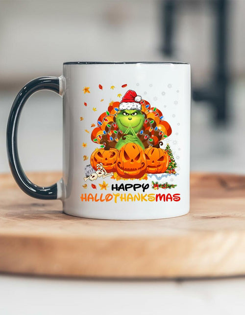 Load image into Gallery viewer, AdamLongStore Happy Hallothanksmas Fall Accent Mug 11oz White/Black
