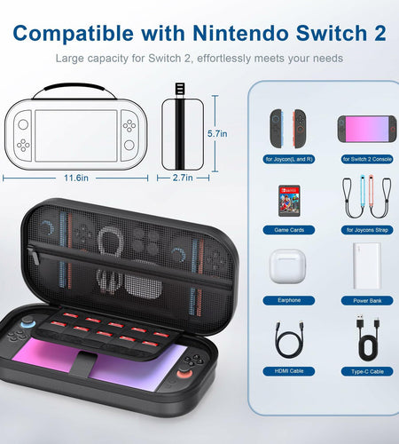 STARTRC GAMES Switch 2 Carrying Case Large PU Hard Travel Bag Black