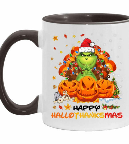AdamLongStore Happy Hallothanksmas Fall Accent Mug 11oz White/Black