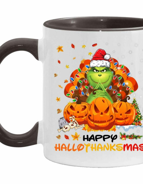 Load image into Gallery viewer, AdamLongStore Happy Hallothanksmas Fall Accent Mug 11oz White/Black
