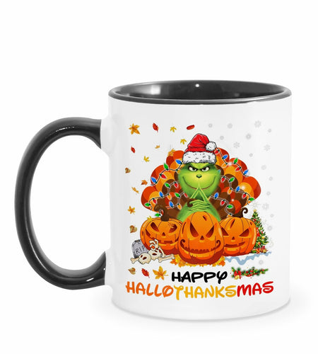 AdamLongStore Happy Hallothanksmas Fall Accent Mug 11oz White/Black