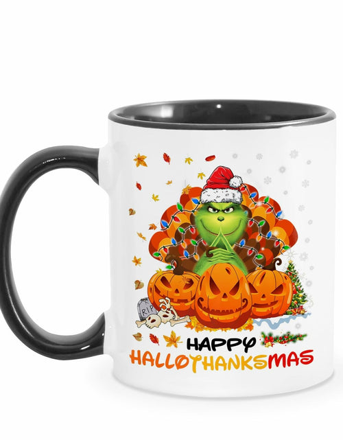 Load image into Gallery viewer, AdamLongStore Happy Hallothanksmas Fall Accent Mug 11oz White/Black
