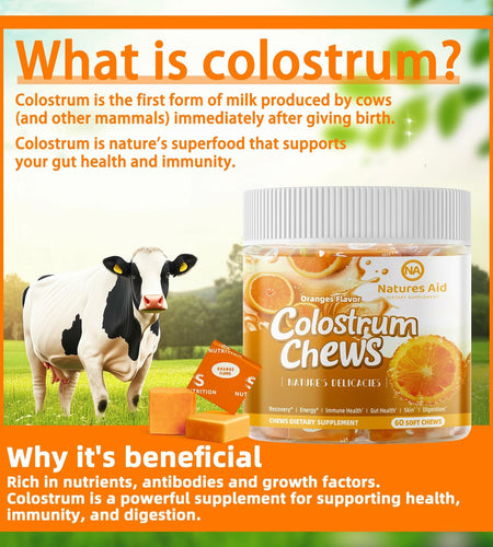 BestBy12/26 Natures Aid Colostrum Chews Probiotics Gut Health Orange 60 Sv