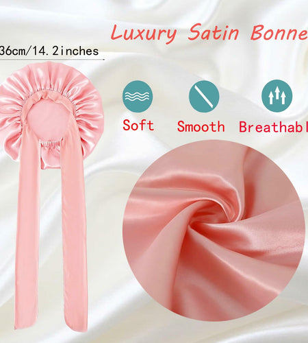 yqswstl 2Pc Silk Bonnet Satin Hair Wrap Tie Band Adjustable Pink+Black