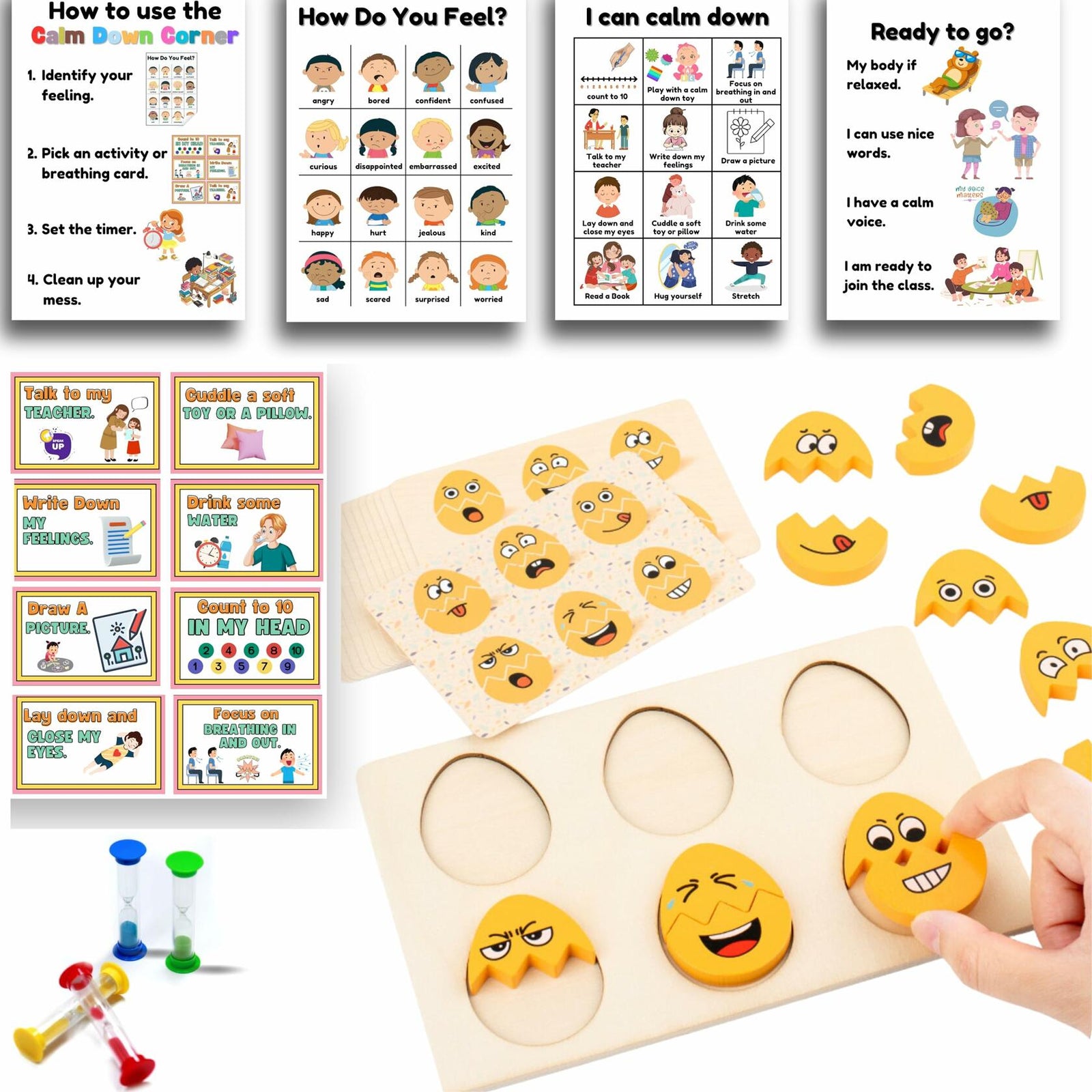 Roromonia Calming Corner Kit with Posters Feelings Chart Wooden Puzzle
