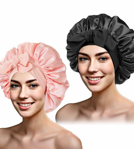 yqswstl 2Pc Silk Bonnet Satin Hair Wrap Tie Band Adjustable Pink+Black