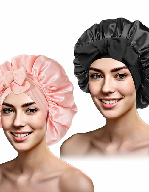 Load image into Gallery viewer, yqswstl 2Pc Silk Bonnet Satin Hair Wrap Tie Band Adjustable Pink+Black
