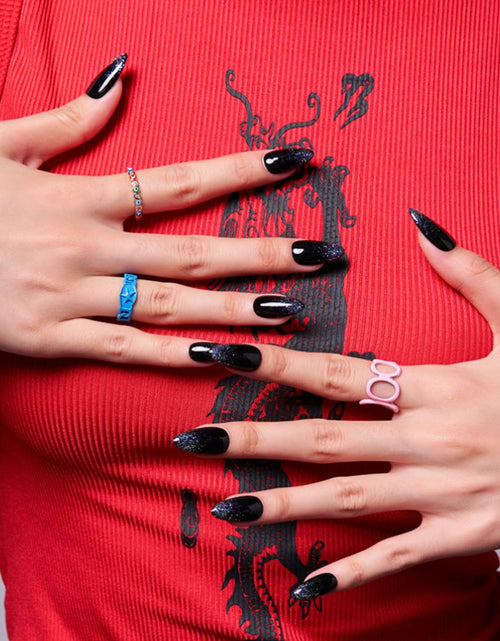 Load image into Gallery viewer, GLAMERMAID Press On Nails Medium Almond Black Glitter French Tips Set
