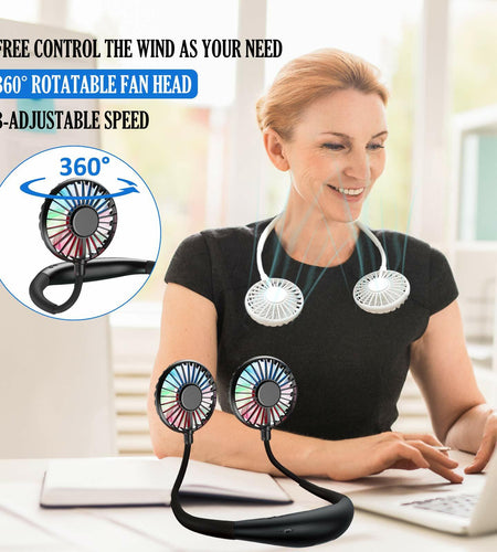 YALTOON Neck Fan 2600mAh USB Portable Black 7 Blades 3 Speeds Over 12H