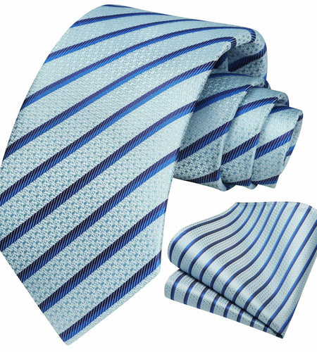 [Like New] HISDERN Men's Silk Striped Necktie & Handkerchief Set Light Green Size 8.5cm