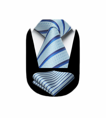 [Like New] HISDERN Men's Silk Striped Necktie & Handkerchief Set Light Green Size 8.5cm