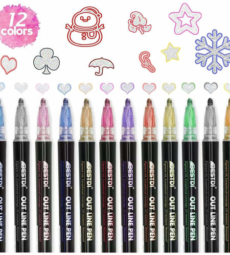 YIJHLHB 12 Color Metallic Outline Markers Double Line Glitter Paint Pink