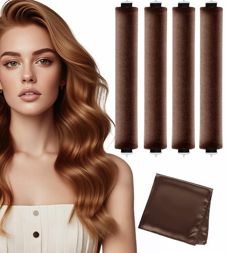 nunflue Heatless Hair Curlers Soft Overnight Set Brown 4Pcs with Silk Scarf
