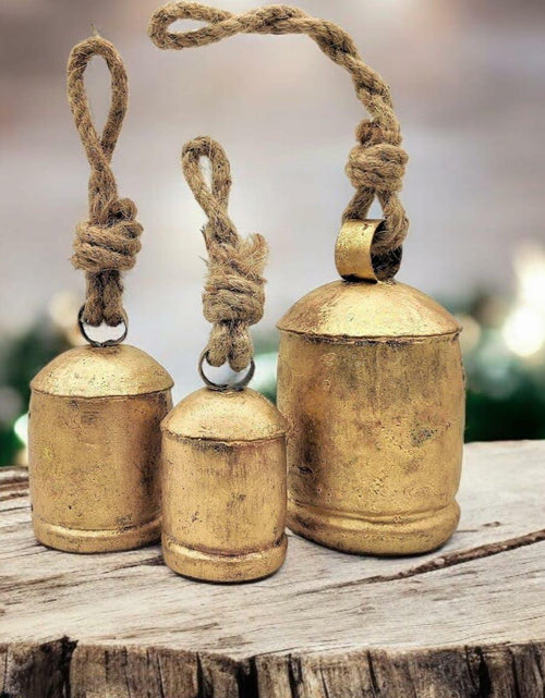 Load image into Gallery viewer, [Like New] NODYES Set of 3 Giant Rustic Harmony Bells 17in Gold Handmade Metal

