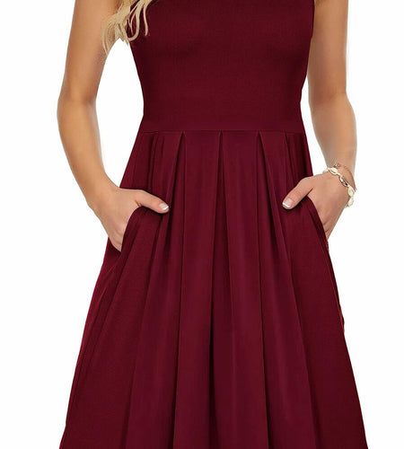AUSELILY Women's Sleeveless Pleated Loose Swing Dress Wine Red Size XL