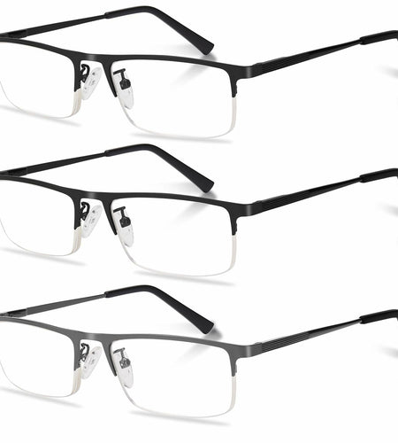 Anourney 3-Pack Men's Reading Glasses +3.0 Metal Half Frame Black Gray