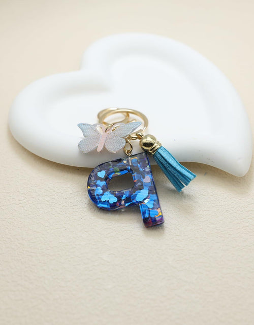 Load image into Gallery viewer, Besvatsy Blue Heart Alphabet Keychain Tassel Butterfly Pendant Medium

