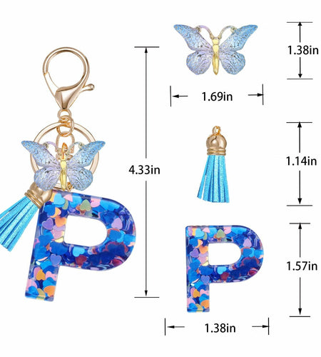 Besvatsy Blue Heart Alphabet Keychain Tassel Butterfly Pendant Medium