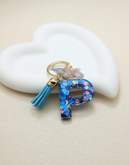 Load image into Gallery viewer, Besvatsy Blue Heart Alphabet Keychain Tassel Butterfly Pendant Medium
