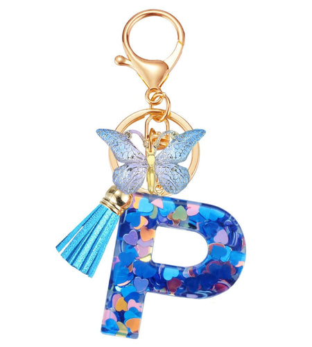 Besvatsy Blue Heart Alphabet Keychain Tassel Butterfly Pendant Medium