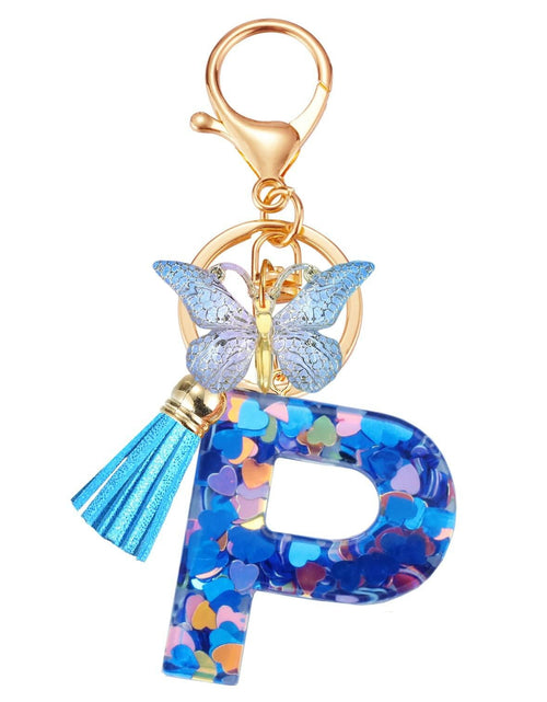 Load image into Gallery viewer, Besvatsy Blue Heart Alphabet Keychain Tassel Butterfly Pendant Medium
