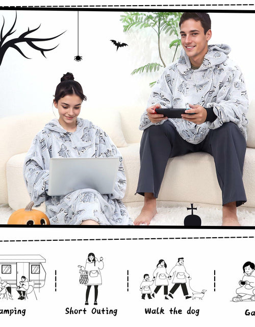 Load image into Gallery viewer, REXEO Halloween Flannel Hoodie Blanket with Pocket Black One Size

