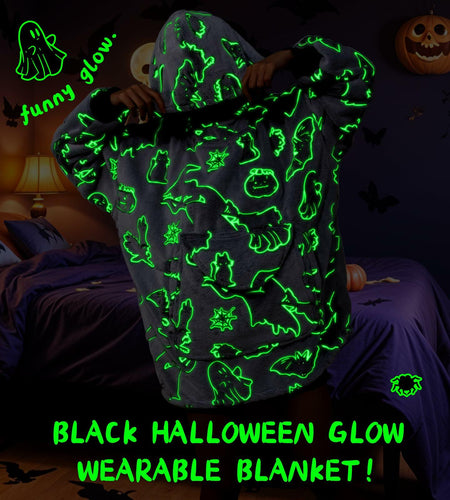 REXEO Halloween Flannel Hoodie Blanket with Pocket Black One Size