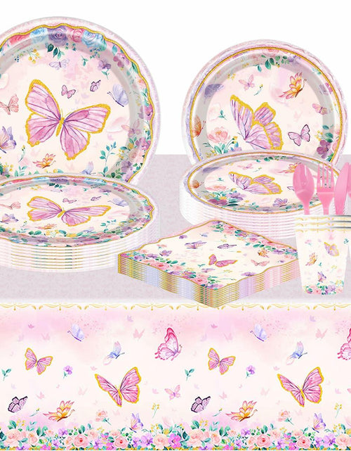 Load image into Gallery viewer, OU RUI 81Pcs Pink Butterfly Party Tableware Set Plates Napkins Tablecloth

