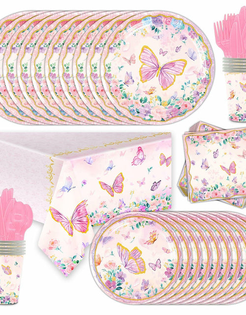 Load image into Gallery viewer, OU RUI 81Pcs Pink Butterfly Party Tableware Set Plates Napkins Tablecloth

