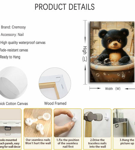 Cremooy Bathroom Bear Canvas Wall Art Funny Toilet Baby Bear 10x8 Canvas