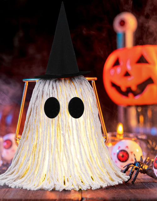 Load image into Gallery viewer, RoundFunny 12in Light Up Boho Ghost Halloween Decoration Witch Hat Black White
