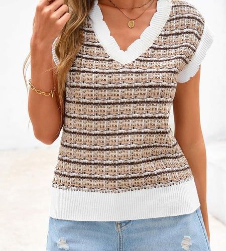 CFLONGE Women's Sleeveless Striped Crochet Knit Sweater Vest Khaki Size XL