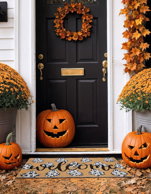 Load image into Gallery viewer, Dunzy Halloween Ghost Welcome Doormat Black Brownish Yellow 17x29 Rectangular
