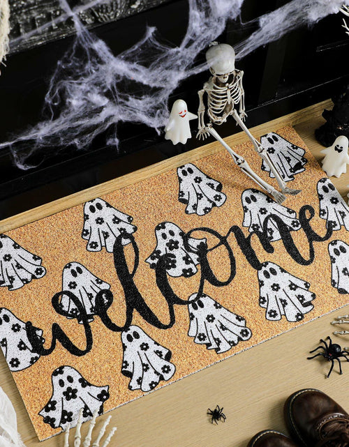 Load image into Gallery viewer, Dunzy Halloween Ghost Welcome Doormat Black Brownish Yellow 17x29 Rectangular
