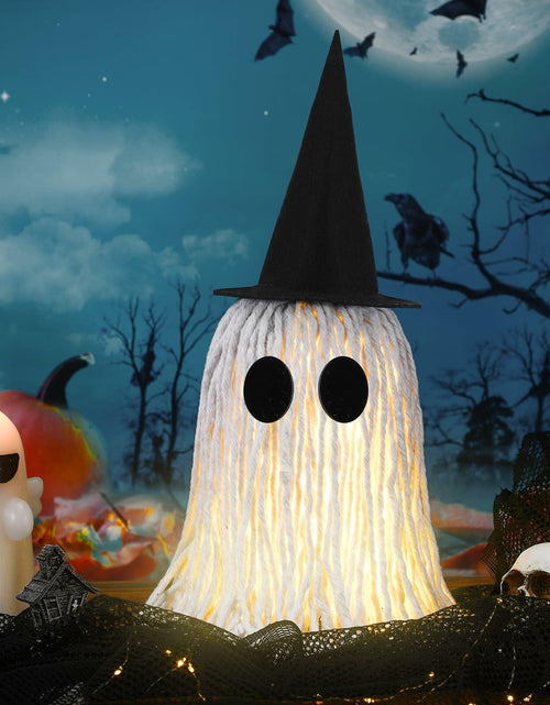 Load image into Gallery viewer, RoundFunny 12in Light Up Boho Ghost Halloween Decoration Witch Hat Black White
