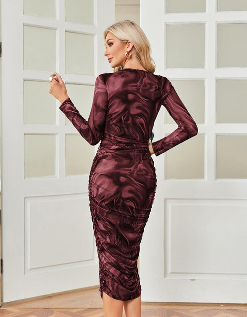 Load image into Gallery viewer, GRACE KARIN Wine Red Marble Ruched Printed Bodycon Midi Dress Size 12
