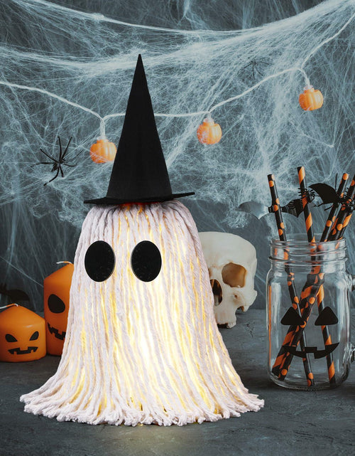 Load image into Gallery viewer, RoundFunny 12in Light Up Boho Ghost Halloween Decoration Witch Hat Black White
