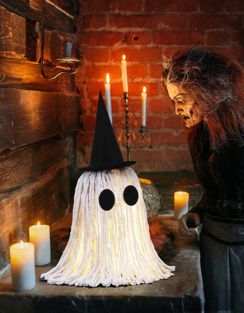 Load image into Gallery viewer, RoundFunny 12in Light Up Boho Ghost Halloween Decoration Witch Hat Black White

