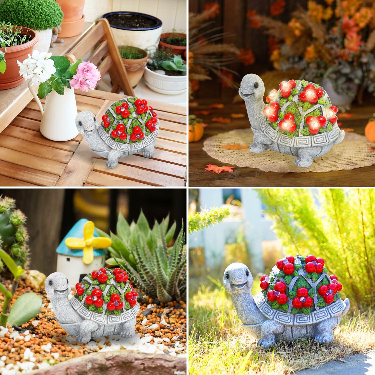 ENOU Solar Garden Turtle Statue Outdoor Patio Yard Decor Large Red Resin