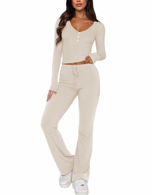 Load image into Gallery viewer, ECHOINE Women's Lounge Set LongSleeve Crop Top Straight Leg Pants Apricot Size L
