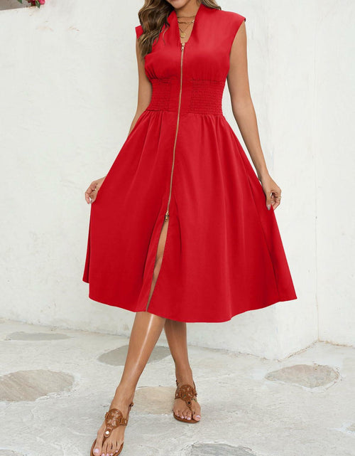 Load image into Gallery viewer, Wenrine Womens Summer Smocked Midi Dress V Neck Cap Sleeve Red Size M
