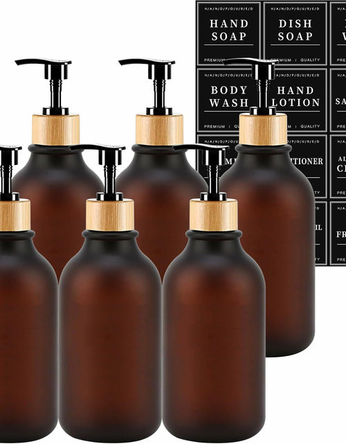 Load image into Gallery viewer, Amorettise Black Plastic Soap Dispenser Bottles 16.9oz 6 Pack Bamboo Pump
