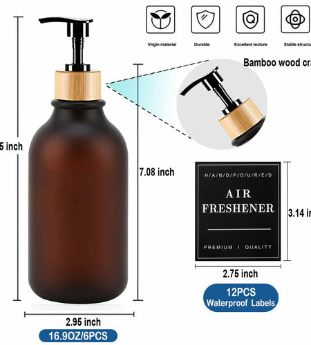 Amorettise Black Plastic Soap Dispenser Bottles 16.9oz 6 Pack Bamboo Pump