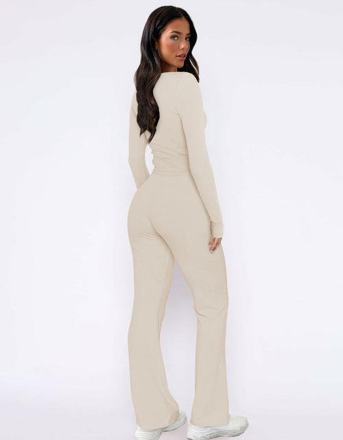 Load image into Gallery viewer, ECHOINE Women's Lounge Set LongSleeve Crop Top Straight Leg Pants Apricot Size L
